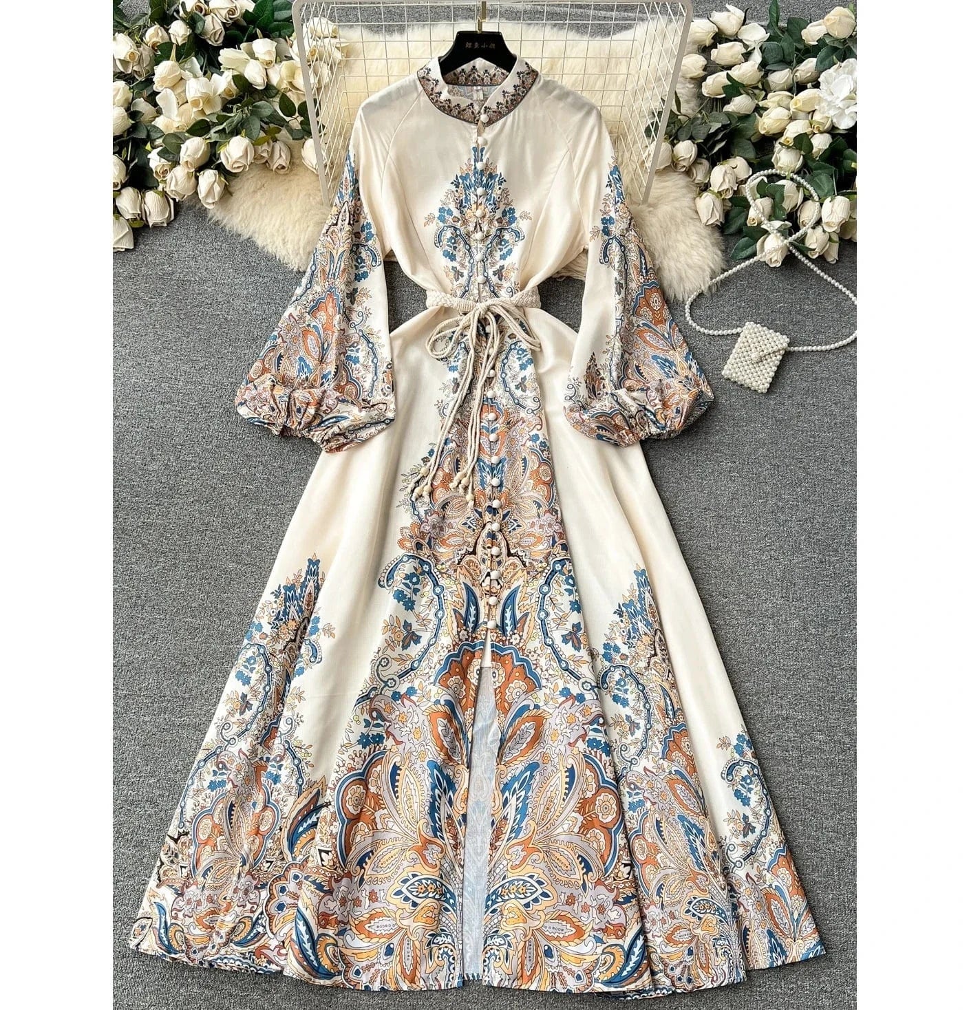 Spring Full Sleeve Stand Collar Print Casual Dress Women High Waist Lantern Sleeve Midi A-line Dress Ladies Elegant Dresses