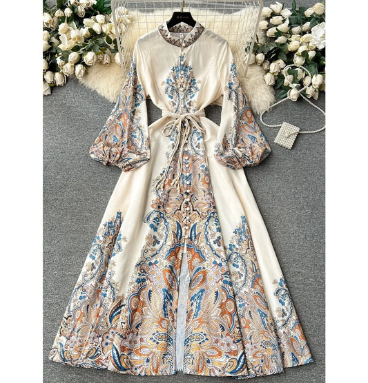 Spring Full Sleeve Stand Collar Print Casual Dress Women High Waist Lantern Sleeve Midi A-line Dress Ladies Elegant Dresses