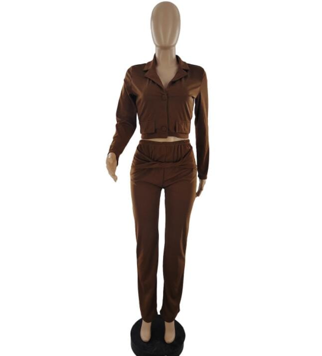 Spring Long Sleeve Crop Tops Pant Elegant Office Women Two Pieces Sets