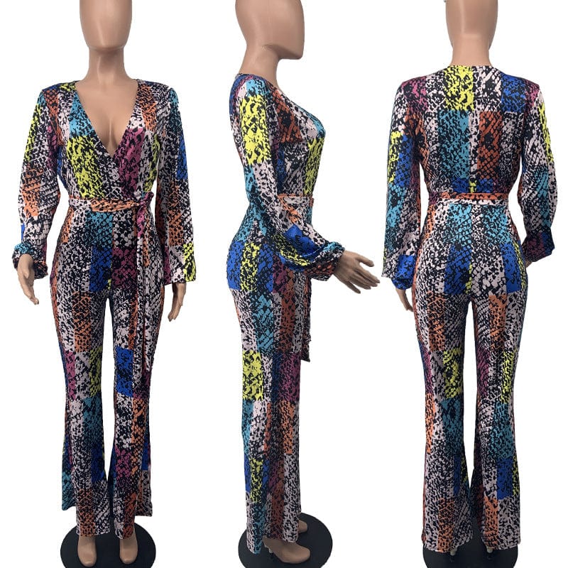 Spring V Neck Wide Leg Waist Belt Retro Printed African Female Club Jumpsuit