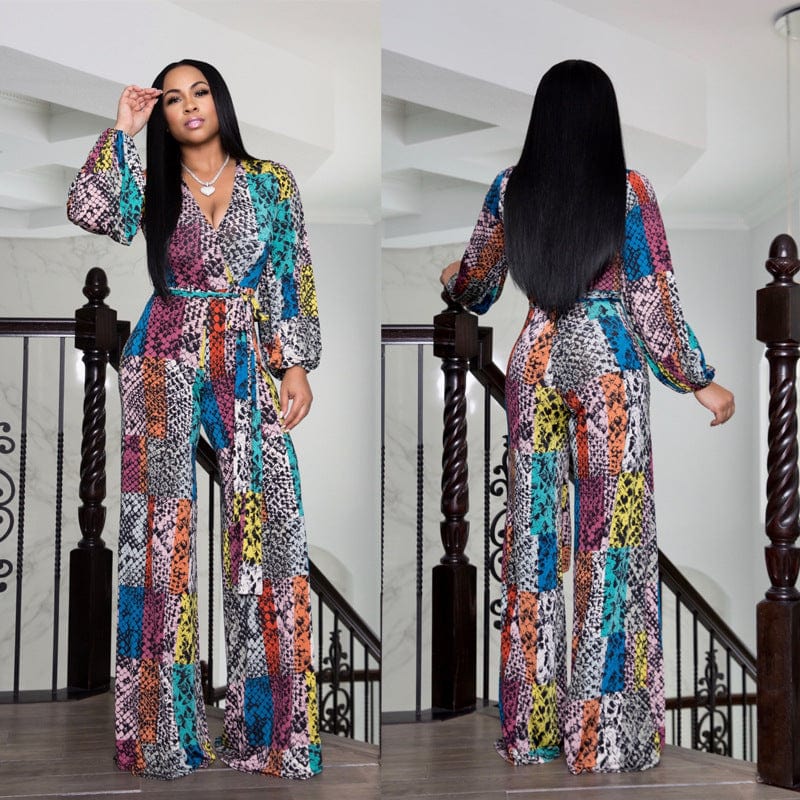 Spring V Neck Wide Leg Waist Belt Retro Printed African Female Club Jumpsuit