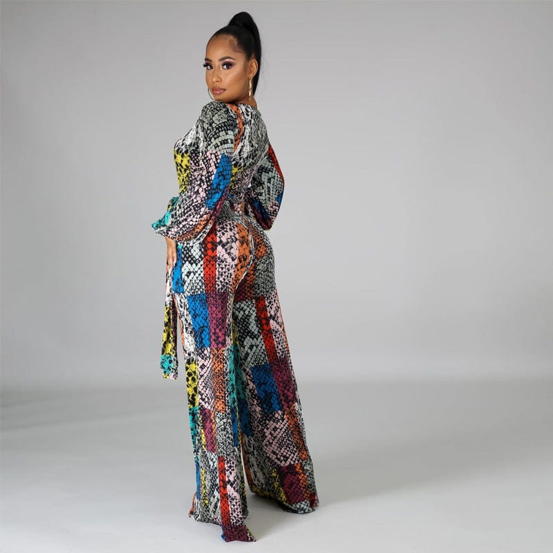 Spring V Neck Wide Leg Waist Belt Retro Printed African Female Club Jumpsuit