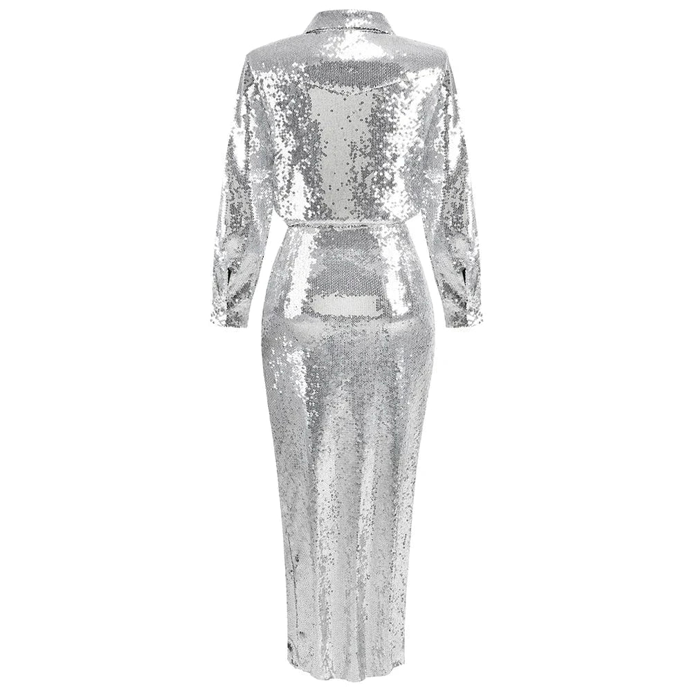 SR2289 New Arrivals Two Piece Skirt Set Long Sleeve Two Pieces Sexy Set Sequin Luxury Clothes With High Slit