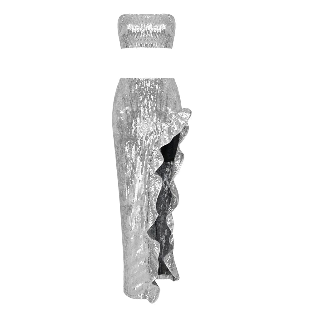 SS2253 Two Piece Skirt Set Women Clothing Off Shoulder Sexy Party Trend Set Silver Sequin Clothes With High Slit