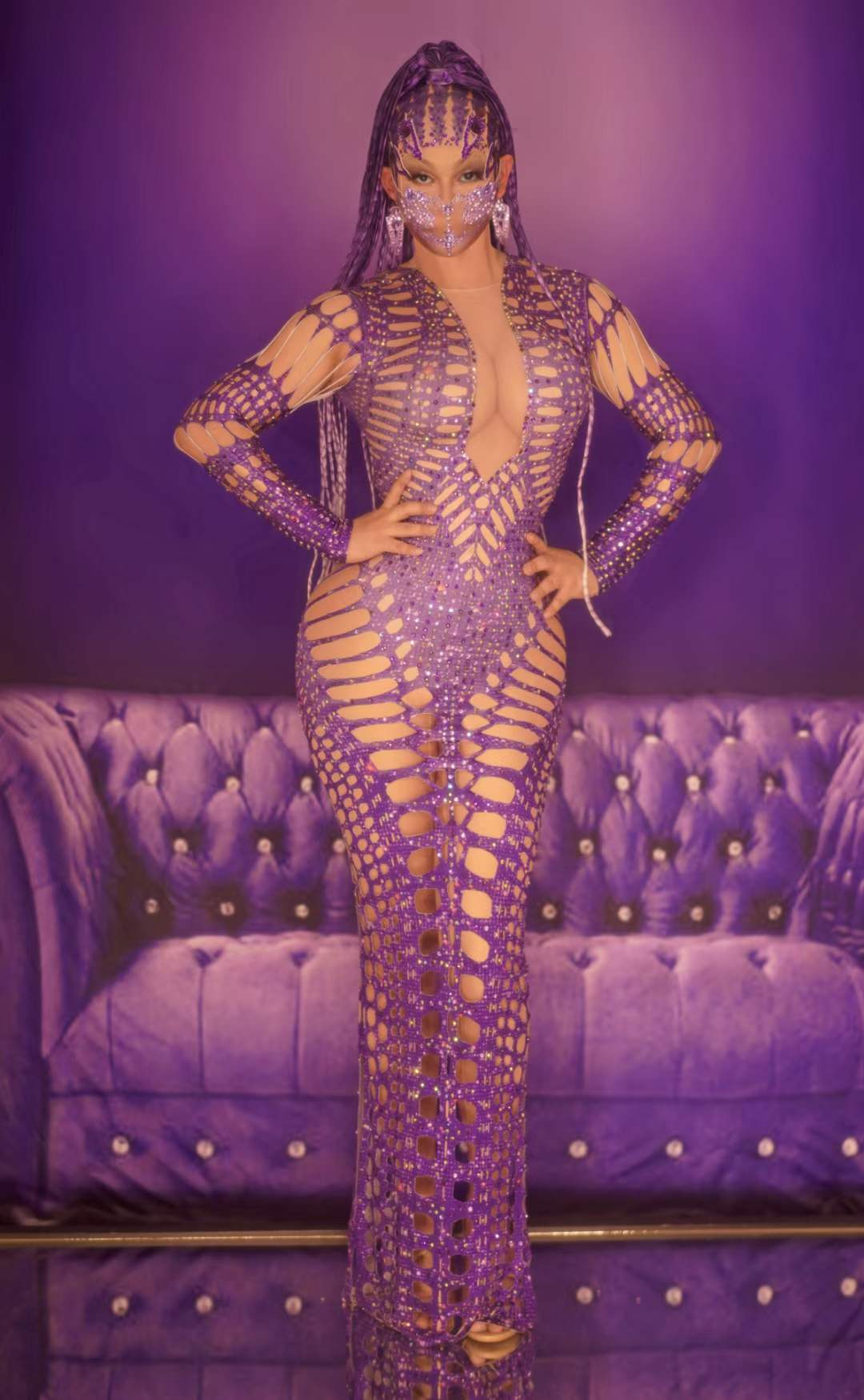 Stage Performance Concert Exaggerated Design Purple Maxi Dress Rhinestone Sparkly Hollow V Neck Party Sexy Dresses Night Club