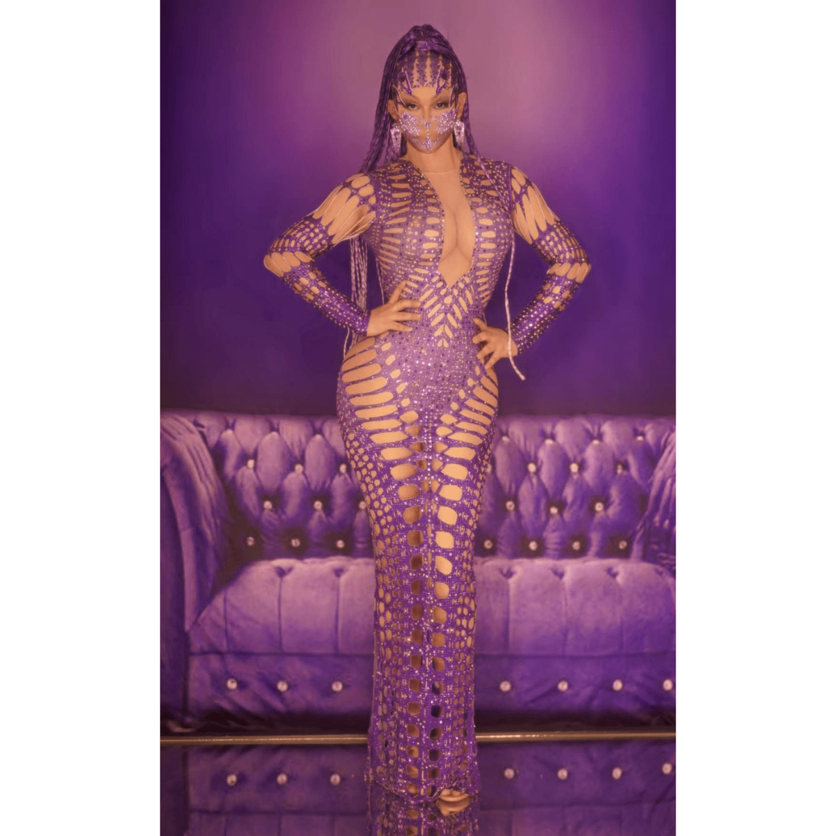 Stage Performance Concert Exaggerated Design Purple Maxi Dress Rhinestone Sparkly Hollow V Neck Party Sexy Dresses Night Club