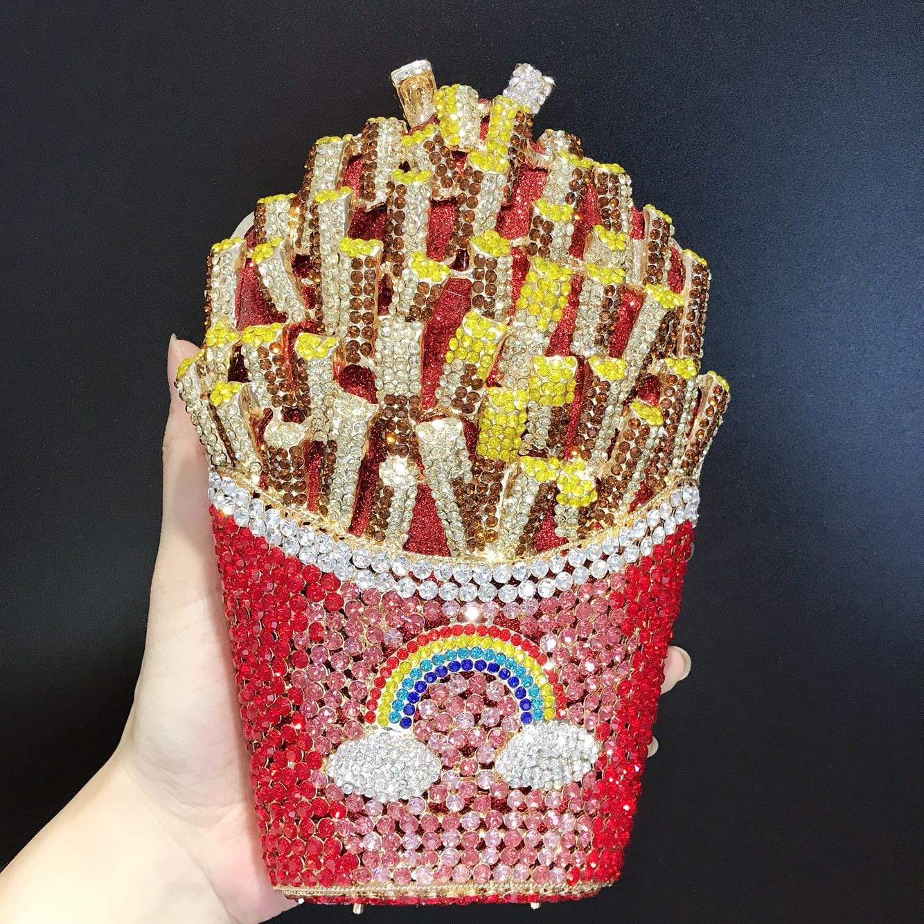 Standard Size / 1 JANHE Crystal French Fries Chips Clutch Shoulder Begs Metal Chain Women Evening Box Bags Wedding Party Purse Rhinestone Handbags