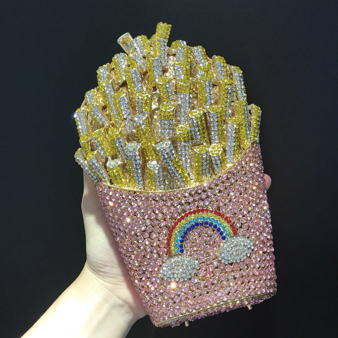 Standard Size / 2 JANHE Crystal French Fries Chips Clutch Shoulder Begs Metal Chain Women Evening Box Bags Wedding Party Purse Rhinestone Handbags