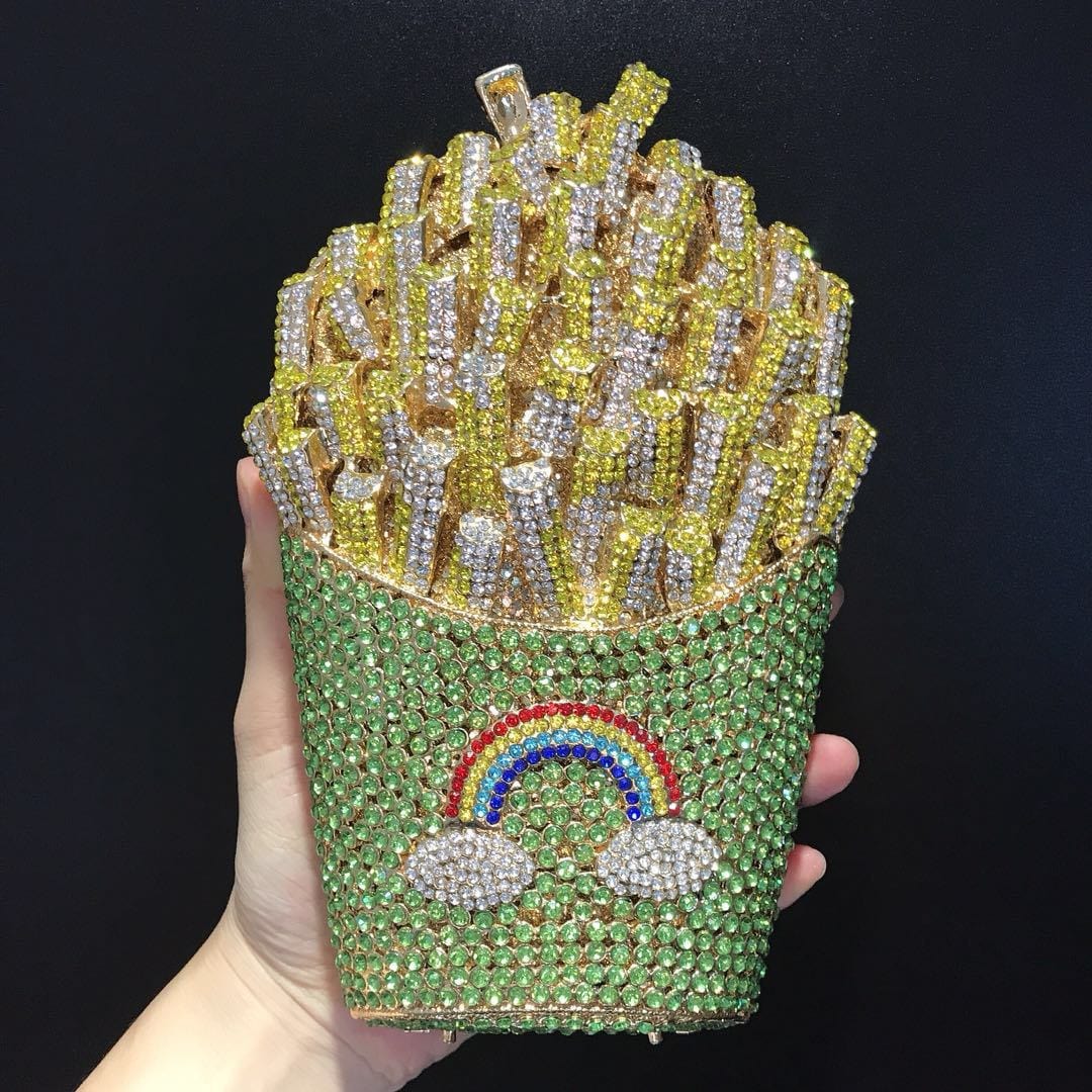 Standard Size / 5 JANHE Crystal French Fries Chips Clutch Shoulder Begs Metal Chain Women Evening Box Bags Wedding Party Purse Rhinestone Handbags