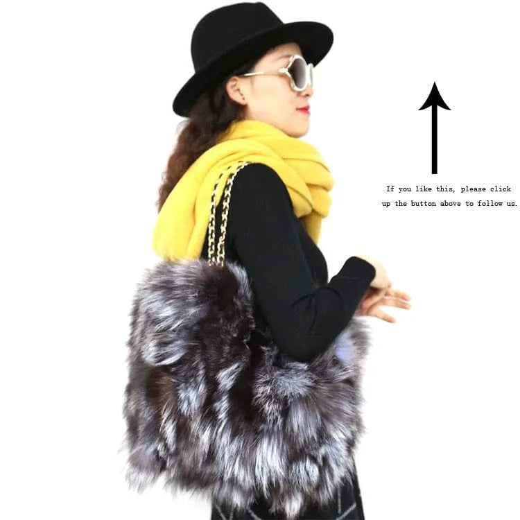 Stocking Bag Small Fluffy Skull Charm Silver Shoulder Shopping Real Fur Handbag