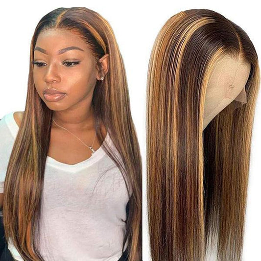 Straight #4/27 Highlight Mix Color Human Hair Transparent 13*4 full frontal Wig With Deep Parting Pre plucked Hairline