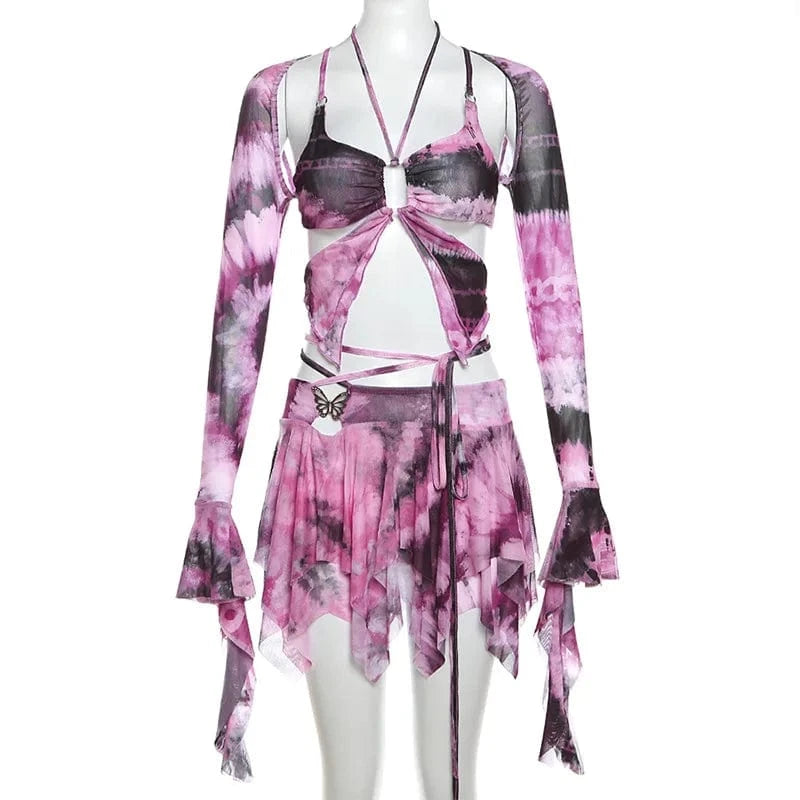 Streetwear Clothing Y2K Fashion Sexy Club Three Piece Skirt Set Tie Dye Mesh Women's Set
