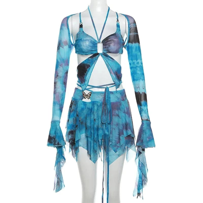 Streetwear Clothing Y2K Fashion Sexy Club Three Piece Skirt Set Tie Dye Mesh Women's Set