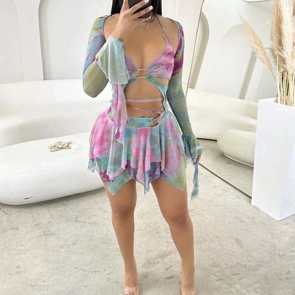 Streetwear Clothing Y2K Fashion Sexy Club Three Piece Skirt Set Tie Dye Mesh Women's Set