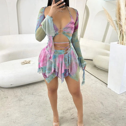 Streetwear Clothing Y2K Fashion Sexy Club Three Piece Skirt Set Tie Dye Mesh Women's Set