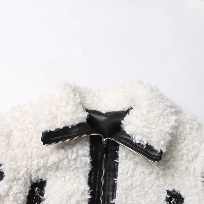 Streetwear Fashion Winter Clothing Motorcycle Furry Coats Fuzzy Zip Up PU Leather Bomber Women's Jackets