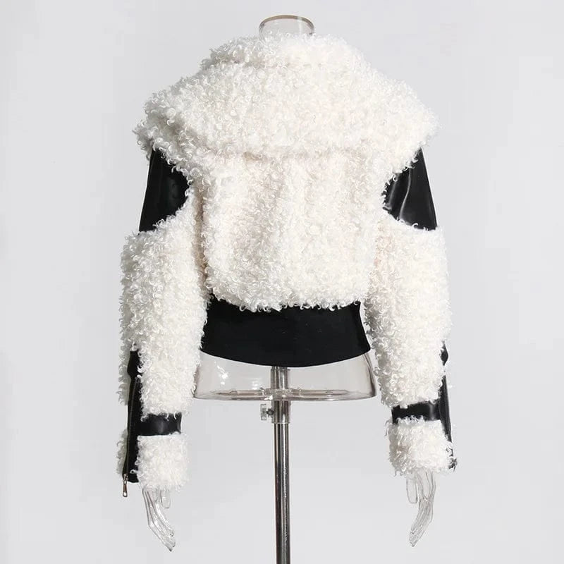Streetwear Fashion Winter Clothing Motorcycle Furry Coats Fuzzy Zip Up PU Leather Bomber Women's Jackets