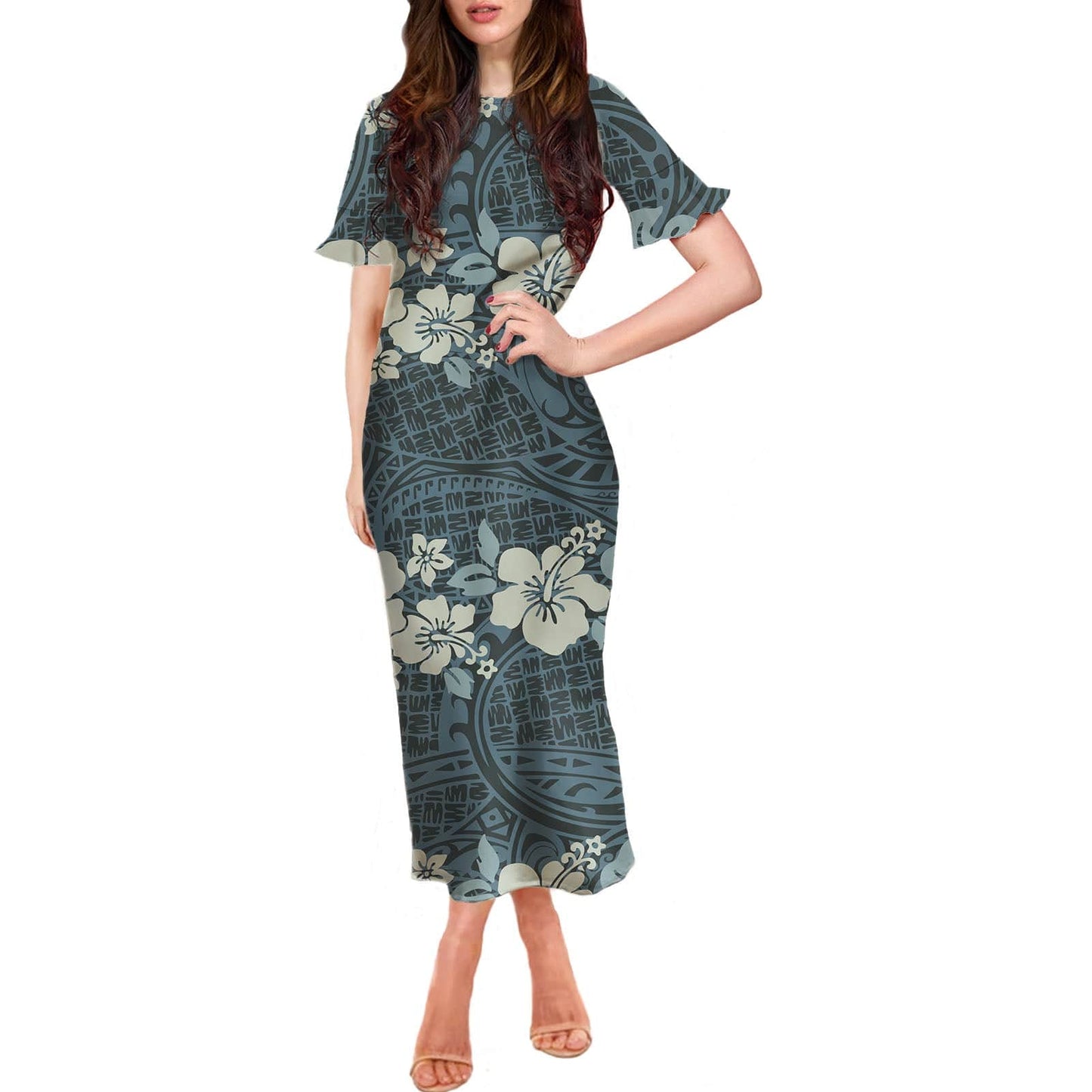 Stretchy Women Sexy Dresses Samoan Polynesian Print Summer Customize Dresses Ruffle Short Sleeve Casual Long Womens Party Dress