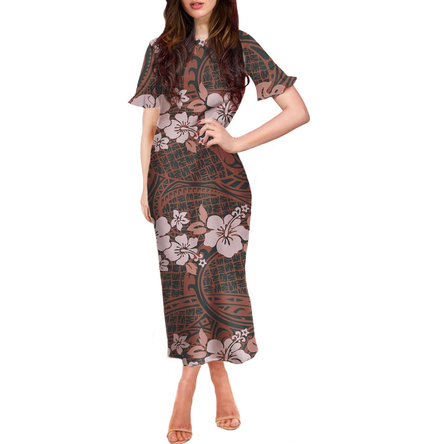 Stretchy Women Sexy Dresses Samoan Polynesian Print Summer Customize Dresses Ruffle Short Sleeve Casual Long Womens Party Dress