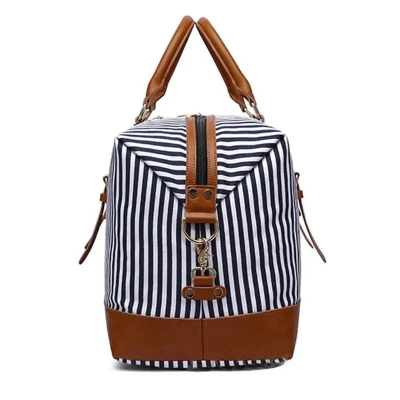 stripe Overnight Carry On Travel Luggage Cabin Bags Set With Toiletry Makeup Bag Canvas Tote Duffel Bag