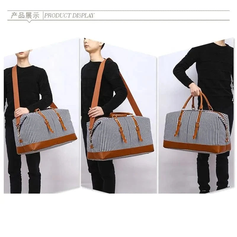 stripe Overnight Carry On Travel Luggage Cabin Bags Set With Toiletry Makeup Bag Canvas Tote Duffel Bag