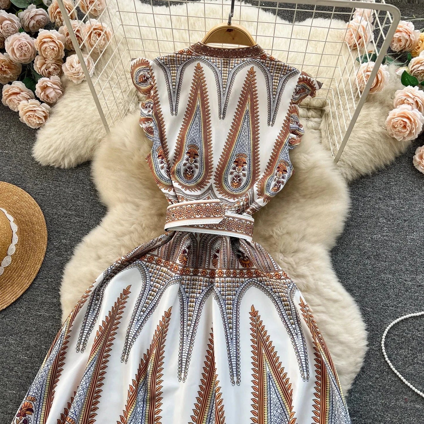 Style Dress Spring Women Design Sense Of Printed Temperament V-Neck Breasted Slim-Fit Long Holiday Dress