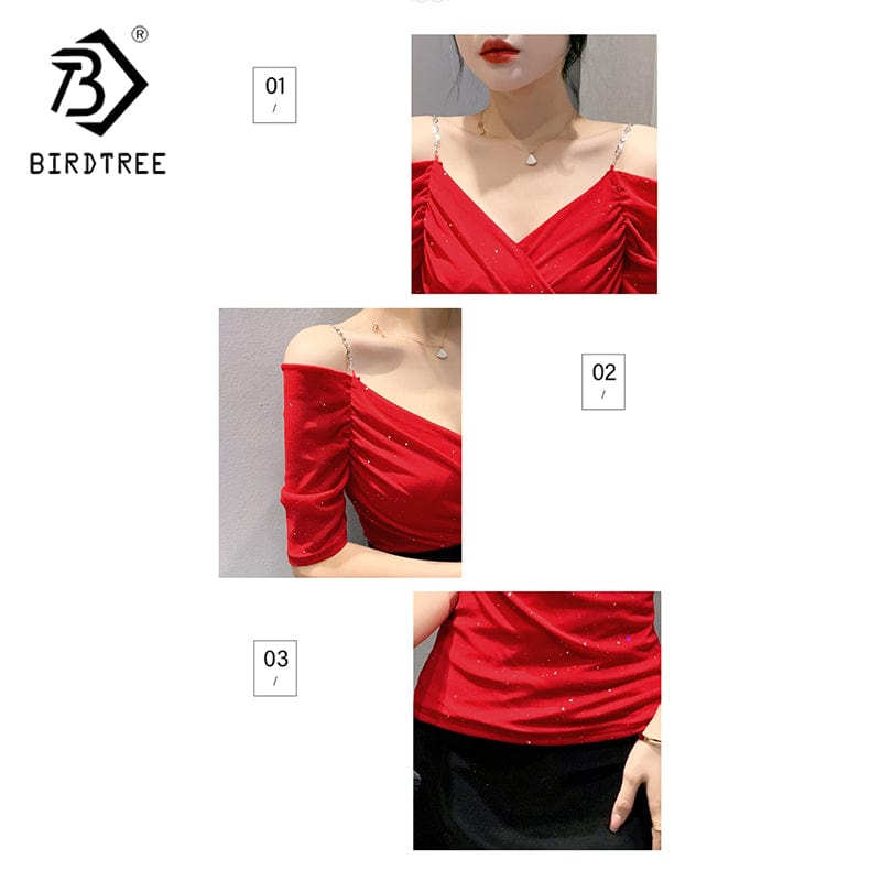 Summer 2022 Sexy T-Shirt Women Chains Straps Off-shoulder V-neck Ruched Women Tops Tees Mesh Short Sleeve New T25501