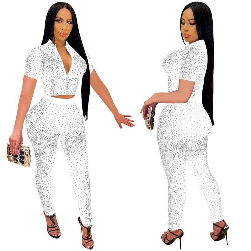summer 2023 women sexy stretch shining rhinestone crystal mesh fabric two 2 piece crop top pants leggings set clothes applique