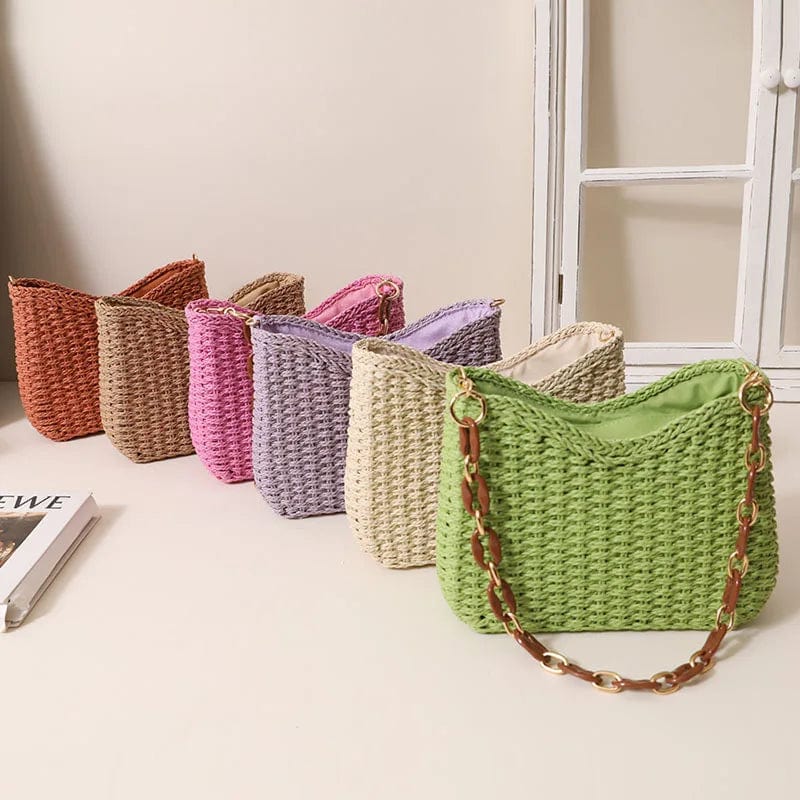 Summer Beach Straw Bags Exquisite Acrylic Chain Party Banquet Purse Hand Woven Handbag Female Clutch Shoulder Crossbody Bags