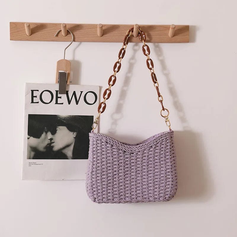 Summer Beach Straw Bags Exquisite Acrylic Chain Party Banquet Purse Hand Woven Handbag Female Clutch Shoulder Crossbody Bags