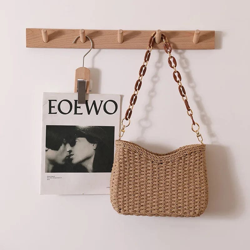 Summer Beach Straw Bags Exquisite Acrylic Chain Party Banquet Purse Hand Woven Handbag Female Clutch Shoulder Crossbody Bags