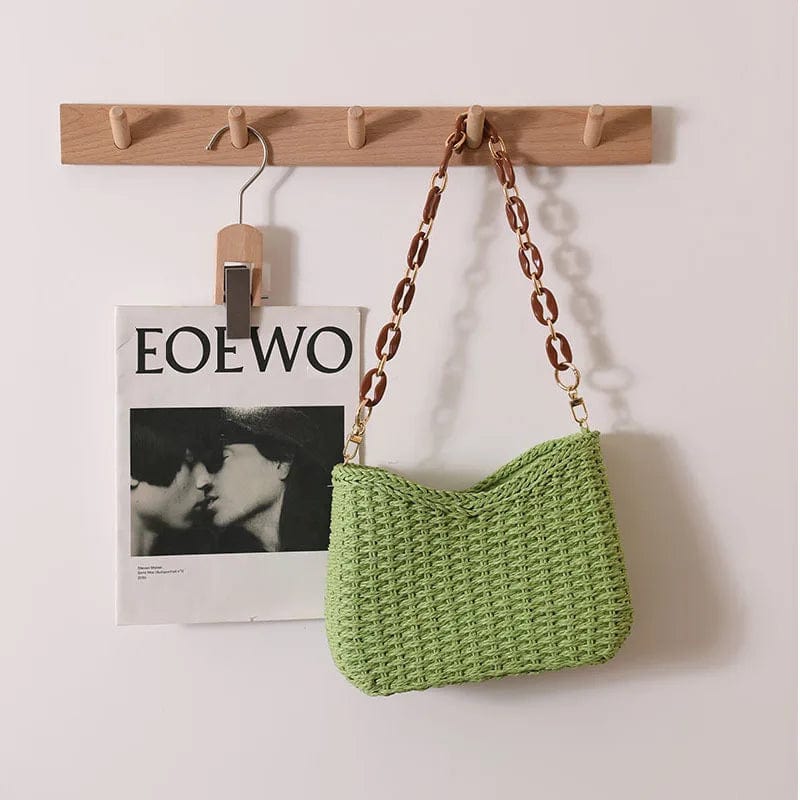 Summer Beach Straw Bags Exquisite Acrylic Chain Party Banquet Purse Hand Woven Handbag Female Clutch Shoulder Crossbody Bags