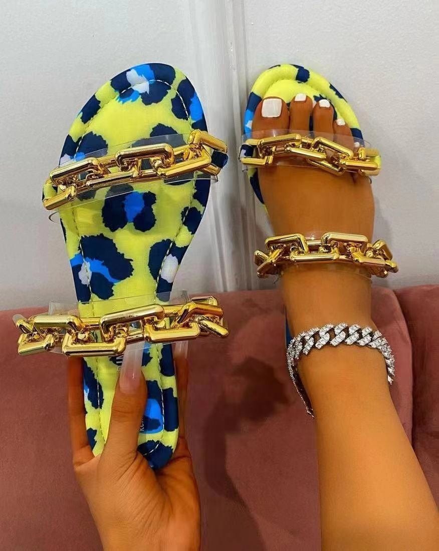 Summer Casual Footwear Women Jelly Strap Softy Transparent with Gold Chain Sexy Ladies Flat Sandals Slippers