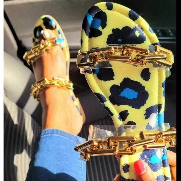 Summer Casual Footwear Women Jelly Strap Softy Transparent with Gold Chain Sexy Ladies Flat Sandals Slippers
