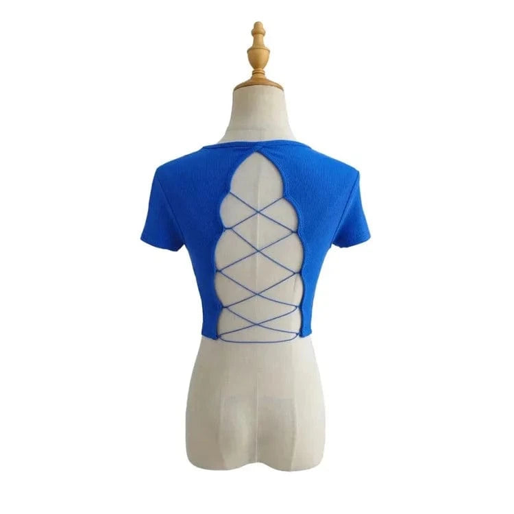 Summer Crew Neck Basic Backless Strap Cross Hot Girl Crop Women Rib T-shirts