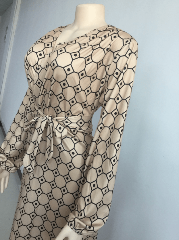 Summer Elegant V Neck Printed Geometric Waist Belt Casual Dress Women