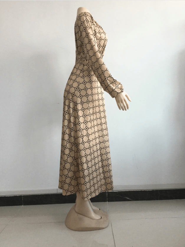 Summer Elegant V Neck Printed Geometric Waist Belt Casual Dress Women