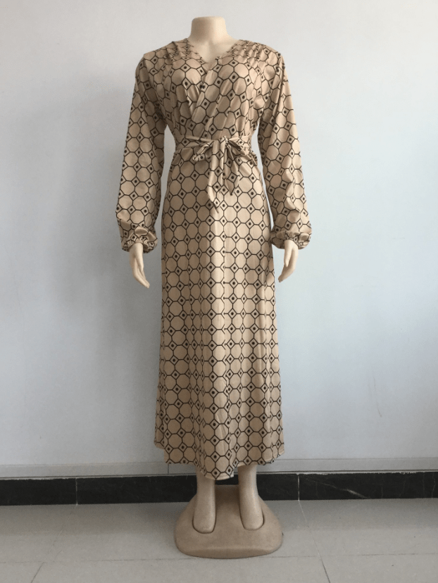 Summer Elegant V Neck Printed Geometric Waist Belt Casual Dress Women