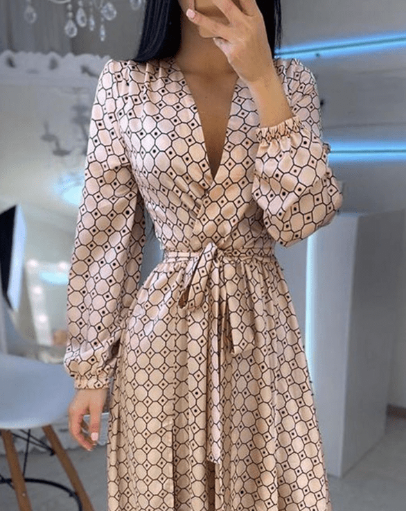 Summer Elegant V Neck Printed Geometric Waist Belt Casual Dress Women