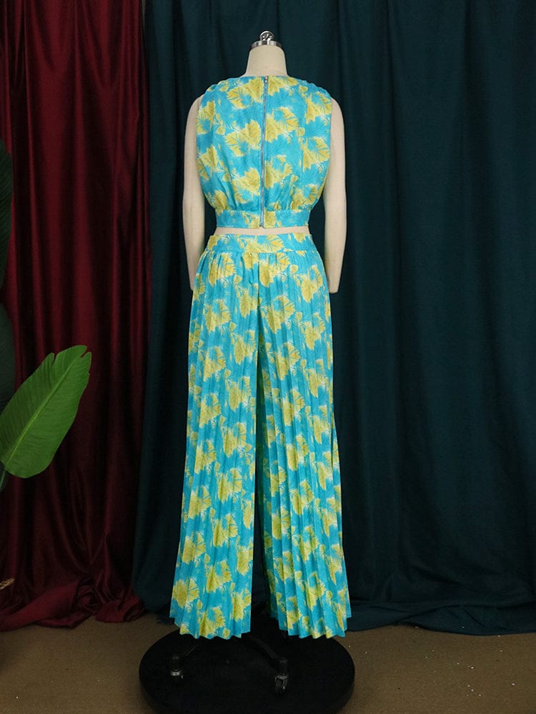 Summer Green Fashion Pants Printed V Neck Pleated Women Two Pieces Sets