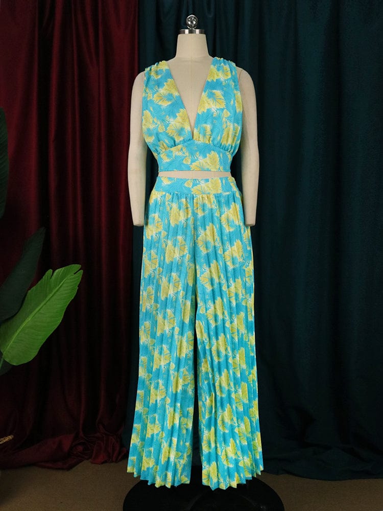 Summer Green Fashion Pants Printed V Neck Pleated Women Two Pieces Sets
