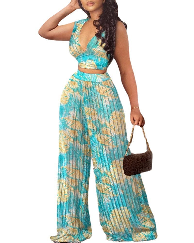 Summer Green Fashion Pants Printed V Neck Pleated Women Two Pieces Sets