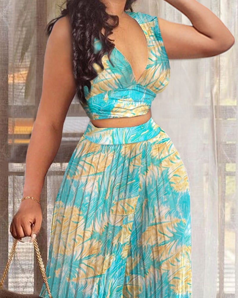 Summer Green Fashion Pants Printed V Neck Pleated Women Two Pieces Sets