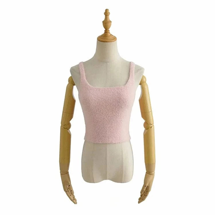 Summer High Quality Crew Neck Pure Candy Color Y2K Plush Knitted Sleeveless Crop Women Tank Tops