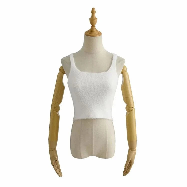Summer High Quality Crew Neck Pure Candy Color Y2K Plush Knitted Sleeveless Crop Women Tank Tops