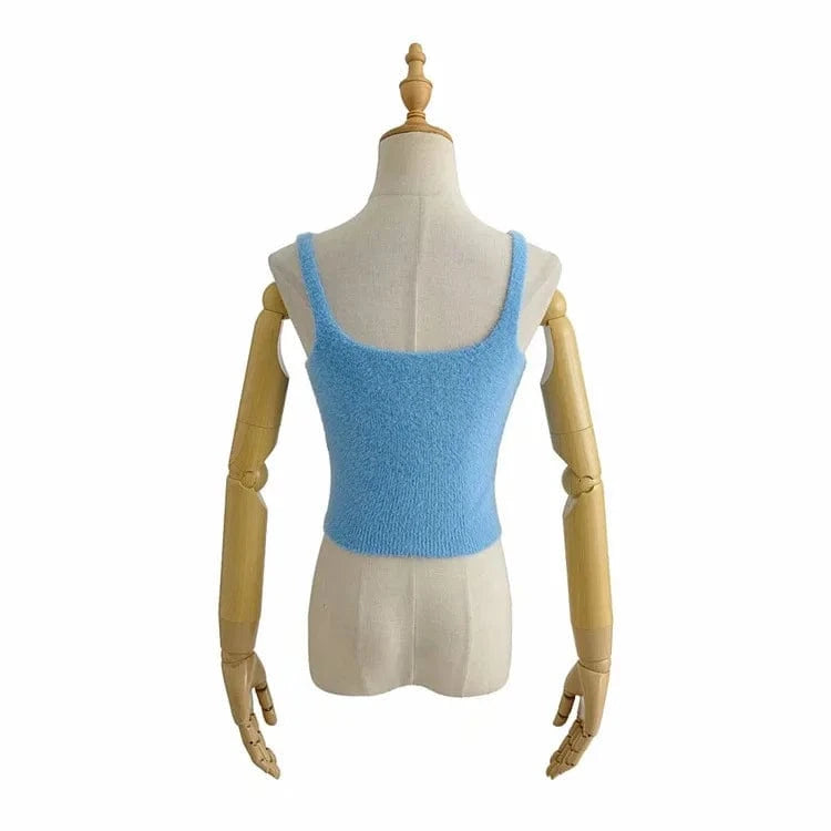 Summer High Quality Crew Neck Pure Candy Color Y2K Plush Knitted Sleeveless Crop Women Tank Tops