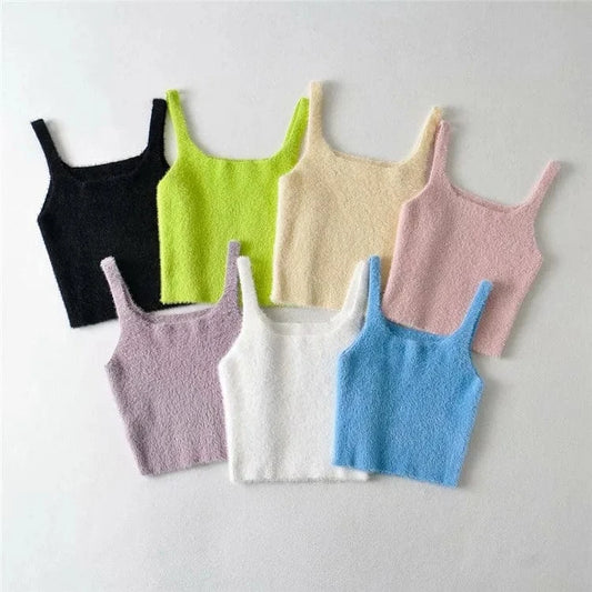 Summer High Quality Crew Neck Pure Candy Color Y2K Plush Knitted Sleeveless Crop Women Tank Tops