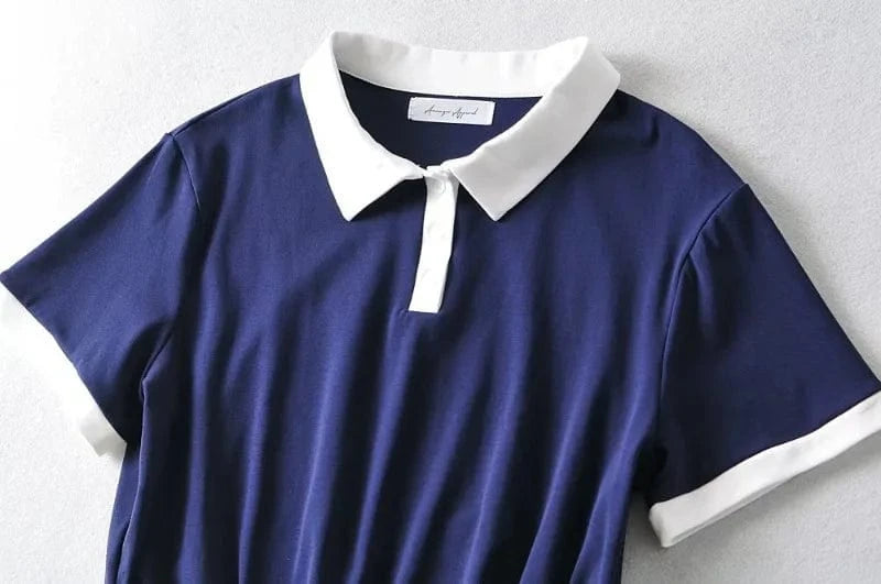 Summer Hot Girl Contrast Color Basic String Bottom Crop Women Front Button Polo T-shirts