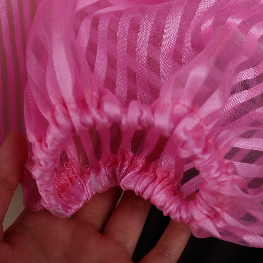 Summer Lantern Sleeves See Through Striped Bowtie Women Casual Blouse