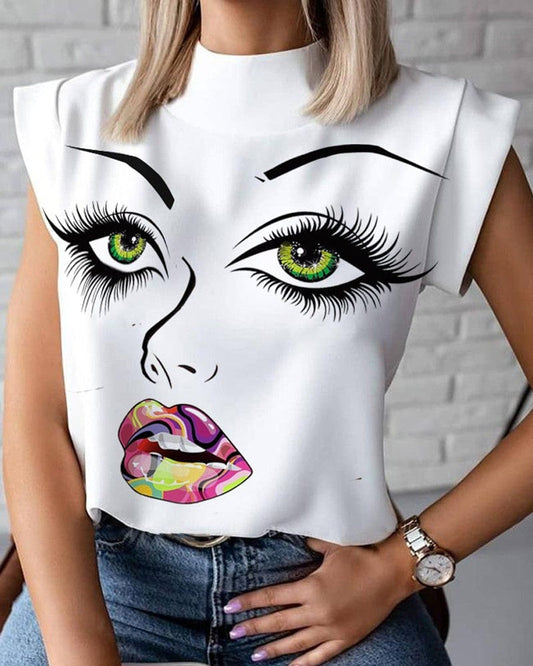 Summer Large Size Shirt Short Sleeve Printed Lip Women Casual Blouse